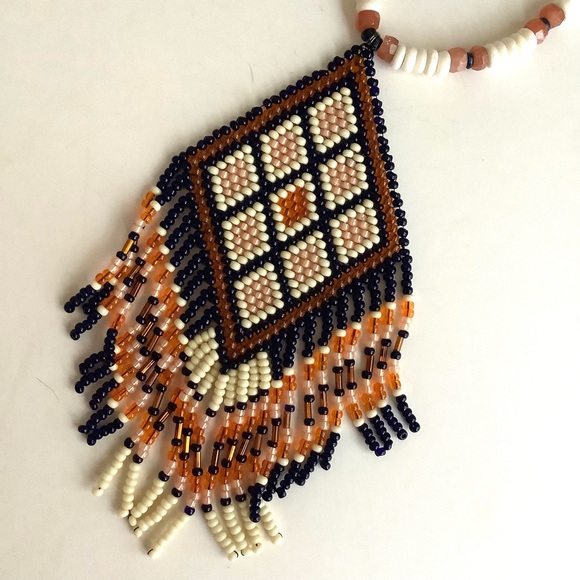 Sunstone and bone bead tribal pendant necklace in cream, royal blue - Picture 5 of 7